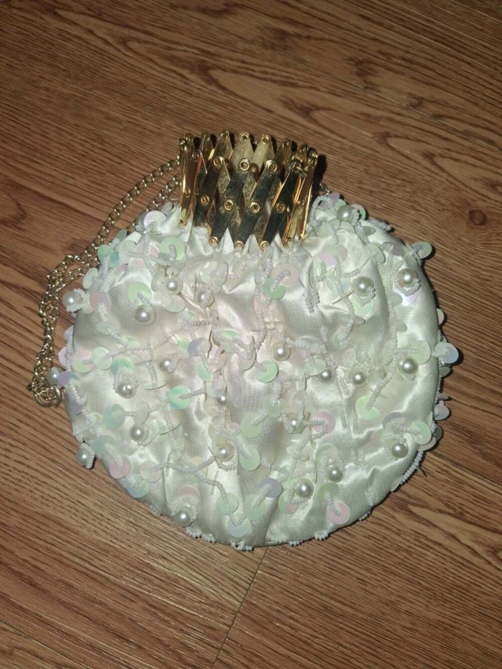 Vintage 1960s white satin evening bag with hand-sewn faux pearl beads